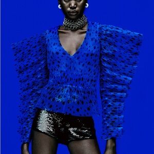 H&M Vibrant Blue Polka Dot Plisse Blouse